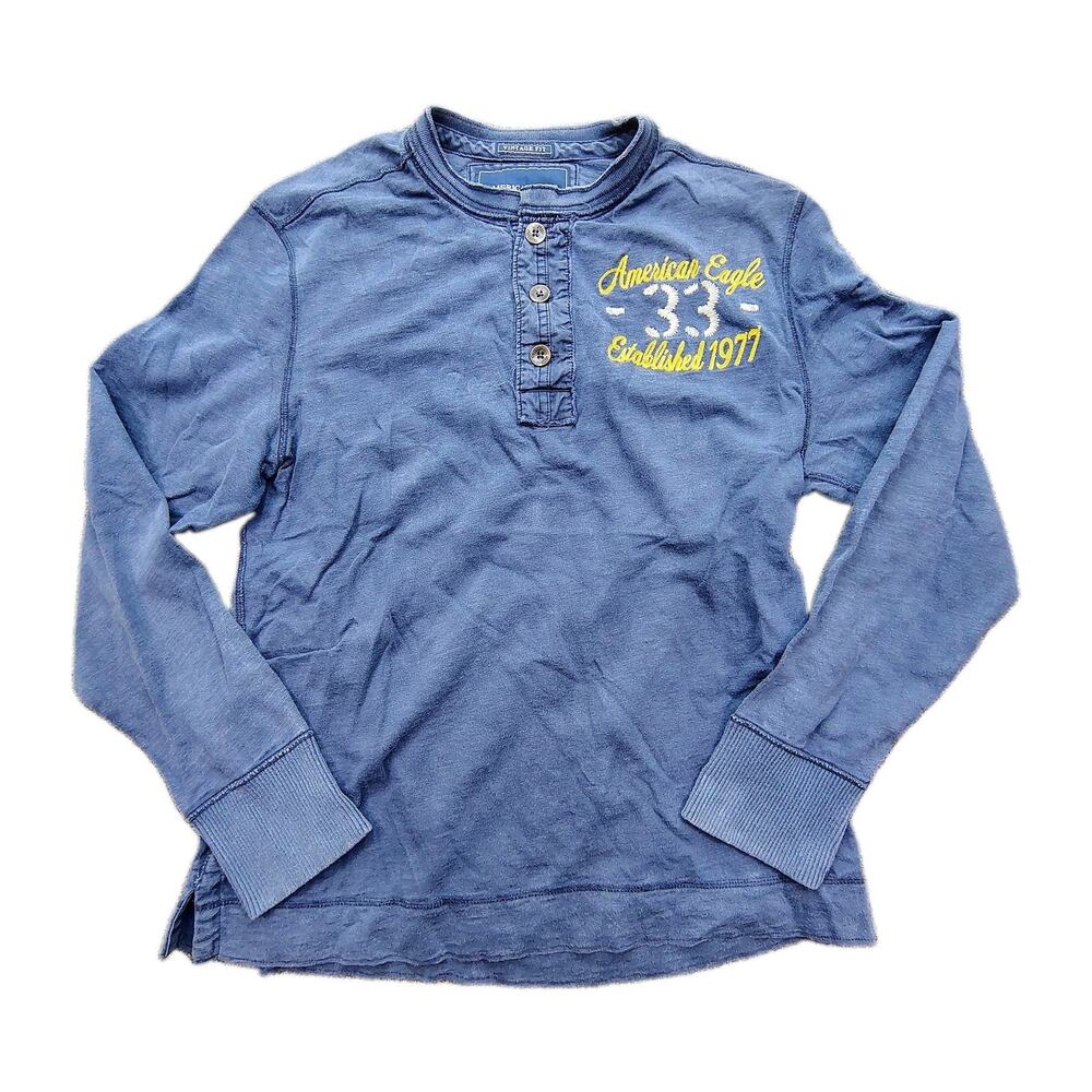 American Eagle Mens Vintage Fit Henley Shirt Men's Size L Blue Long Sleeve Logo